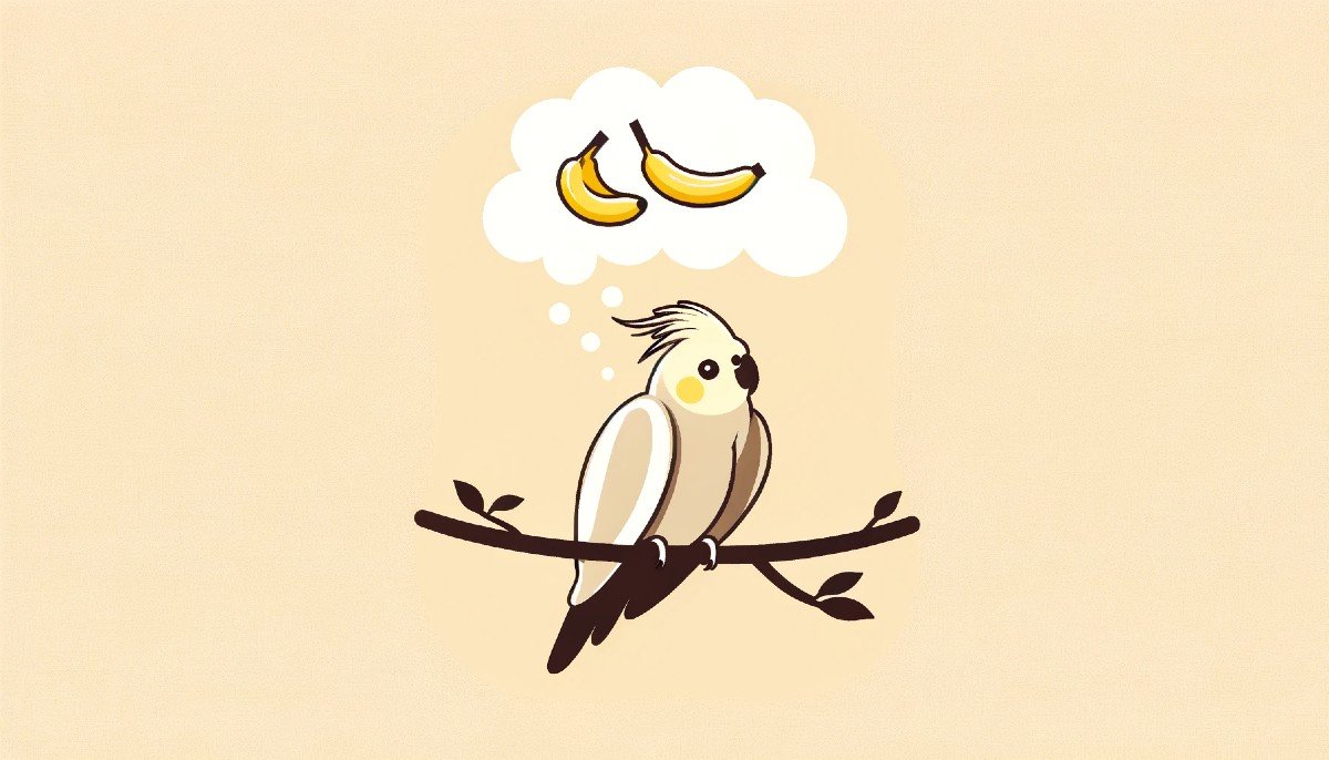 A cockatiel sitting on a perch thinking about bananas