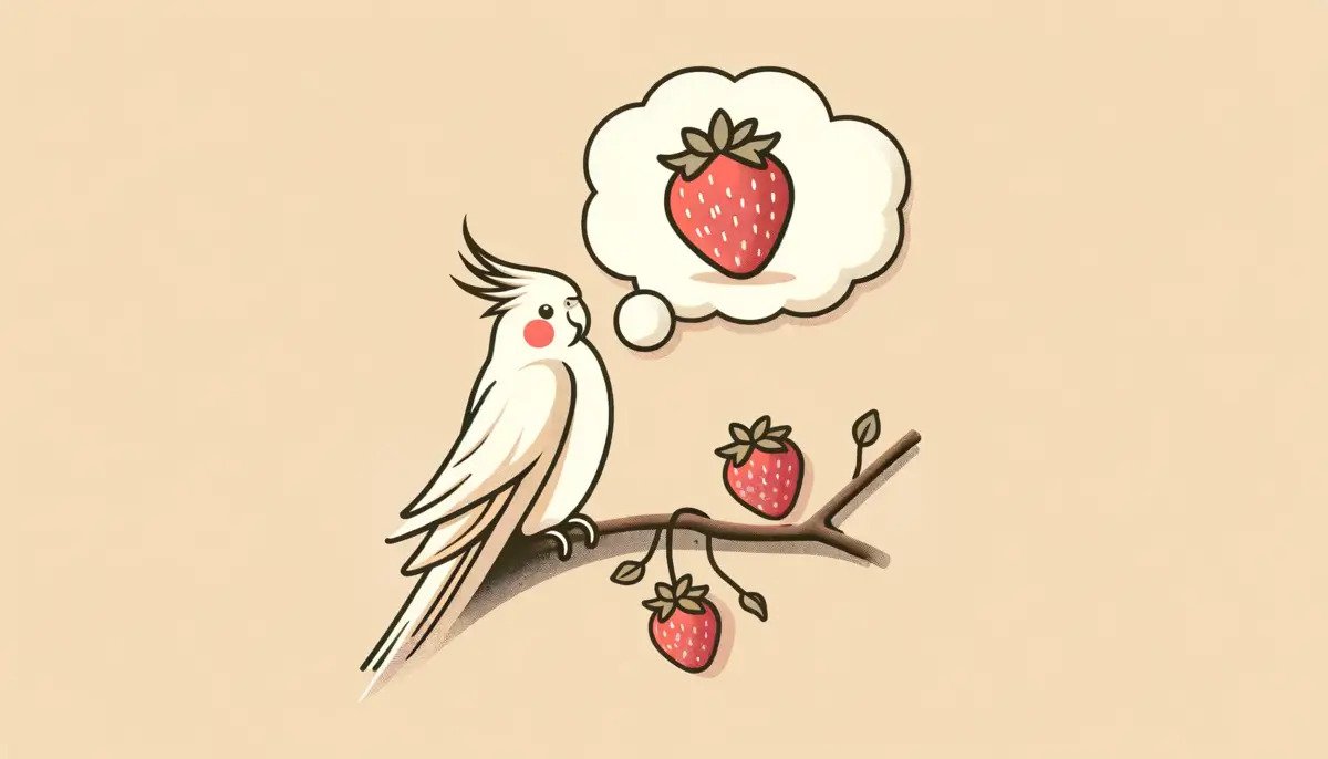 A cockatiel sitting on a perch thinking about strawberries