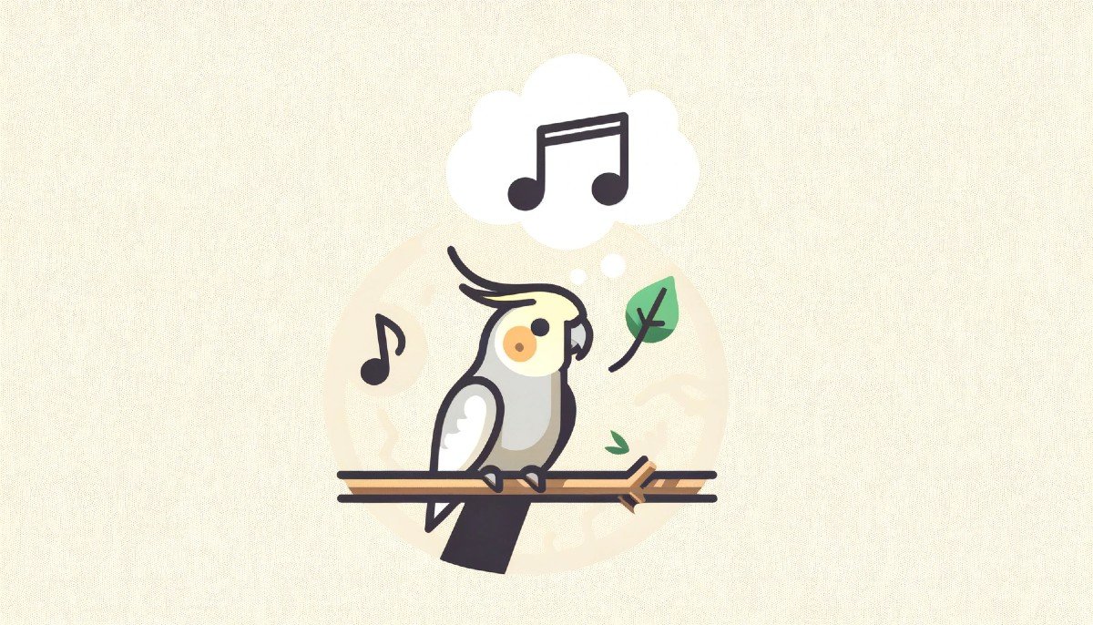 A cockatiel sitting on a perch thinking about singing and whistling